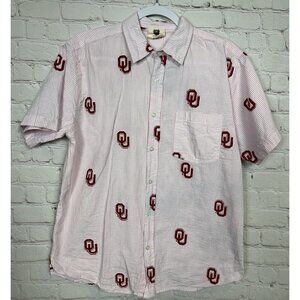 Wes & Willy pink striped seersucker short sleeve OU Oklahoma Sooners shirt, sz S